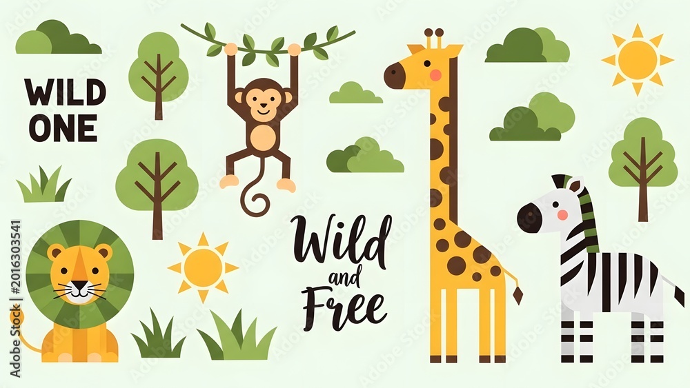 Obraz premium Cute jungle animals like lion, monkey, giraffe, and zebra, with trees and suns, perfect for children's decor and party themes