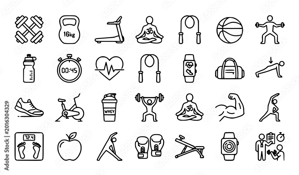 Fototapeta premium Fitness outline icon set with gym workout healthy lifestyle and body training editable vector symbols