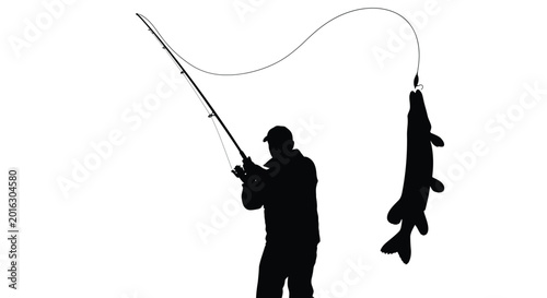 Tableau sur toile Fisherman with caught fish fishing rod and line silhouette high quality