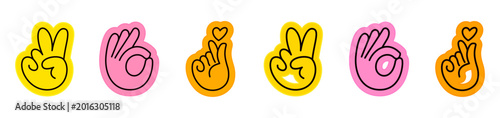 Hand drawn doodle style character hands and gestures sticker icon collection. Winner finger, peace badges, victory hand peace, v, hand ok, yes fingers, Korean heart hand gesture. Vector illustration