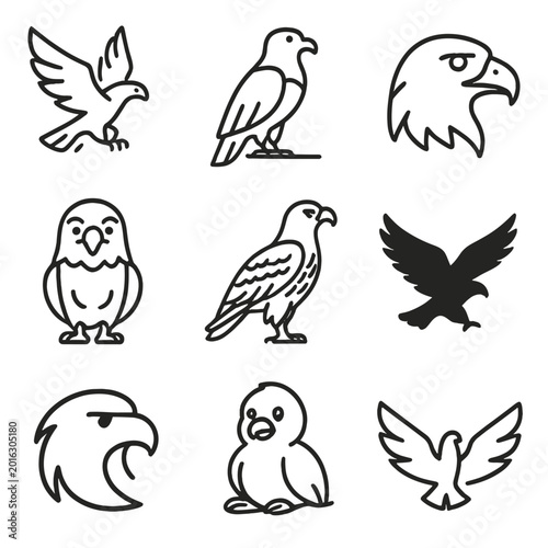 Minimalist bird icons collection featuring eagles and parrots