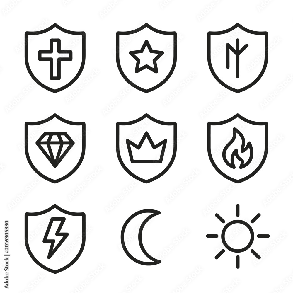 Obraz premium Minimalist icon set featuring shields with various symbols and designs
