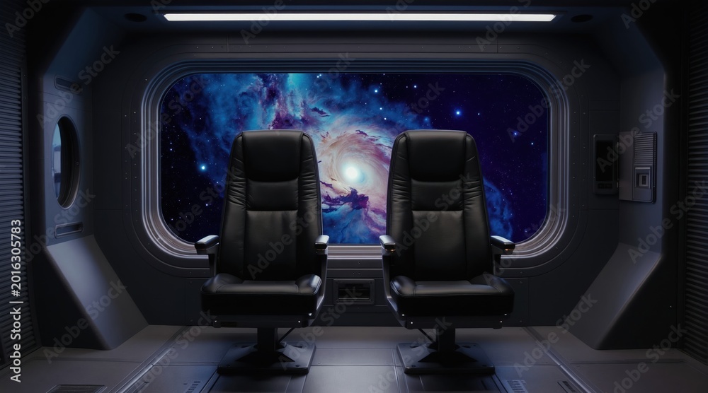 Fototapeta premium Two empty seats face a stunning galaxy view from spaceship interior. Futuristic cabin ready for space travel and exploration. Cosmic scene outside the window.
