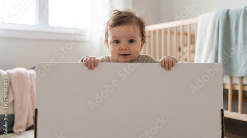 Cute infant peeking over the crib rail with a happy smile