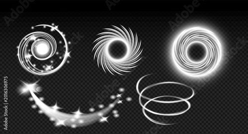 Fotografía Collection of glowing white spiral vortex effects with swirling rings, comet trails and luminous abstract light elements isolated on transparent background