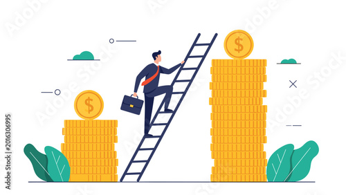 Ambitious man climbs ladder placed against large stack of gold coins representing wealth building and career success.