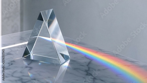 diffraction. Glass prism creating rainbow light refraction on a sleek marble surface. STEM education sheets, lab safety posters, designed for biotech research communications, used by radiologists.