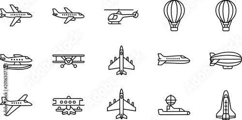 Obraz na płótnie Aircraft outline icon collection with airplanes helicopters balloons airship and