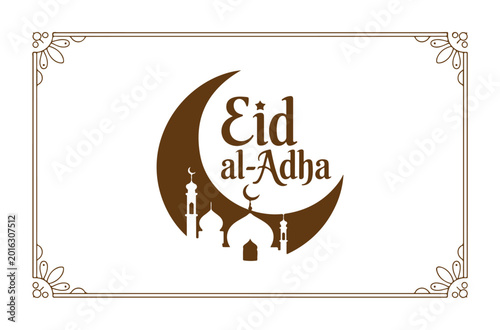 Fotografía Eid al-adha mubarak, traditional muslim holiday greeting card with crescent moon, mosque and decorative frame