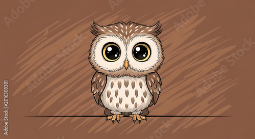 Cute cartoon owl standing and looking forward with big eyes on a yellow background
