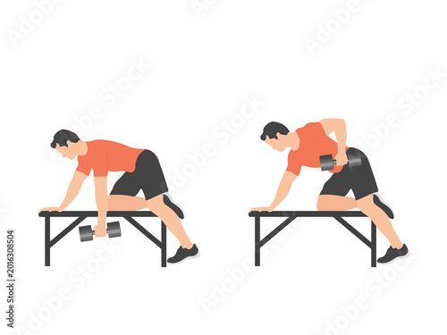 Tableau sur toile Man performing Single Arm Dumbbell Row on a gym bench
