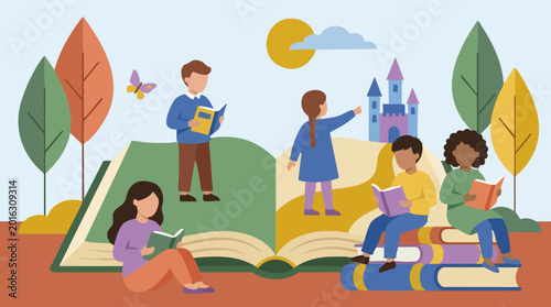 Bild auf Leinwand Children reading books and exploring imaginary worlds, fostering education and g