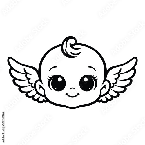 Canvas Print Cute baby angel face with wings in line art style, clean vector illustration ideal for religious themes, nursery decor and kids designs
