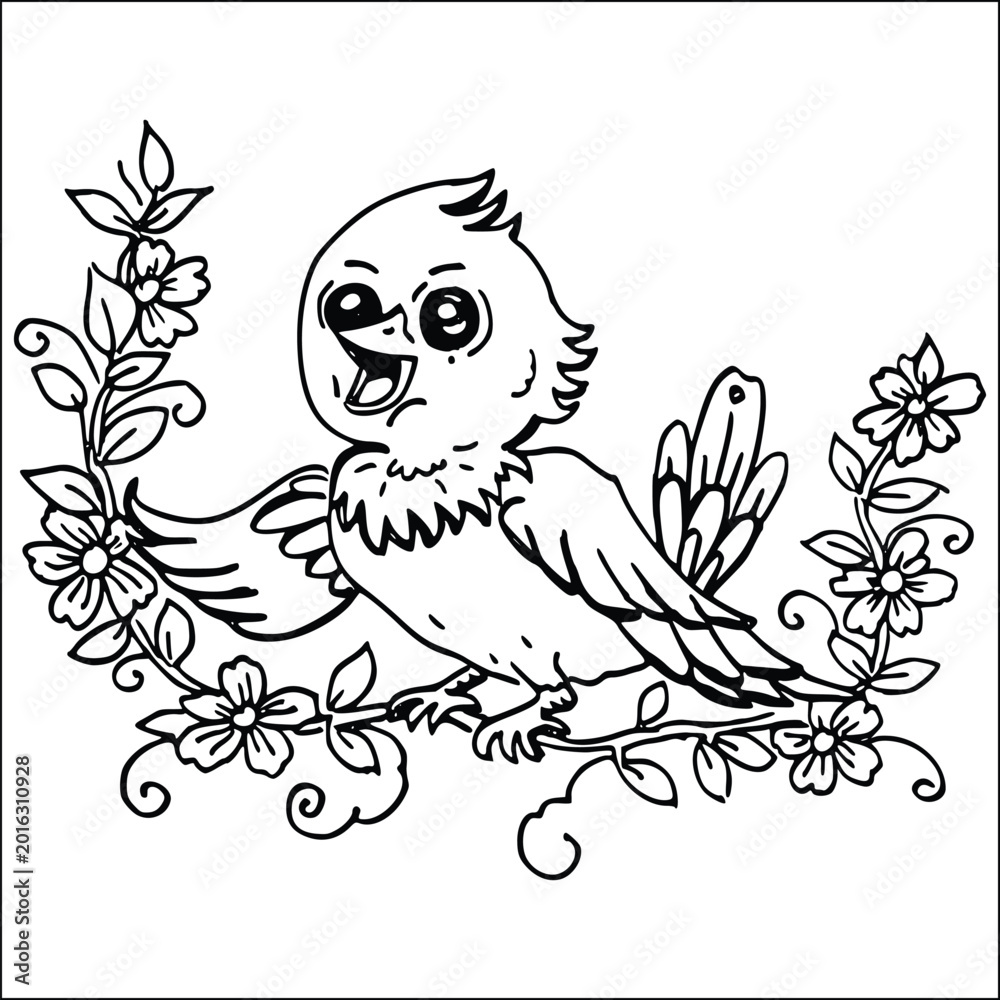 Fototapeta premium Hand drawn cute bird inside floral wreath vector illustration, line art coloring page for kids and adults