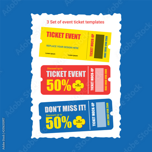 Creative Event Ticket Templates and Discount Coupon Mockup Set Vector Design
