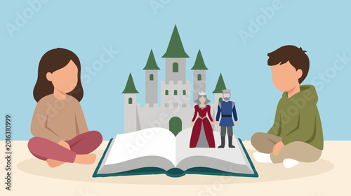 Quadro su tela Kids engaged in imaginative storytelling with a fairytale book, castle, king, an