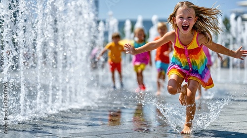 Happy young girl in a colorful rainbow dress running and splashing through a public water fountain