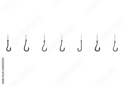 Photos Set of Black Fishing Hooks on White Background.”