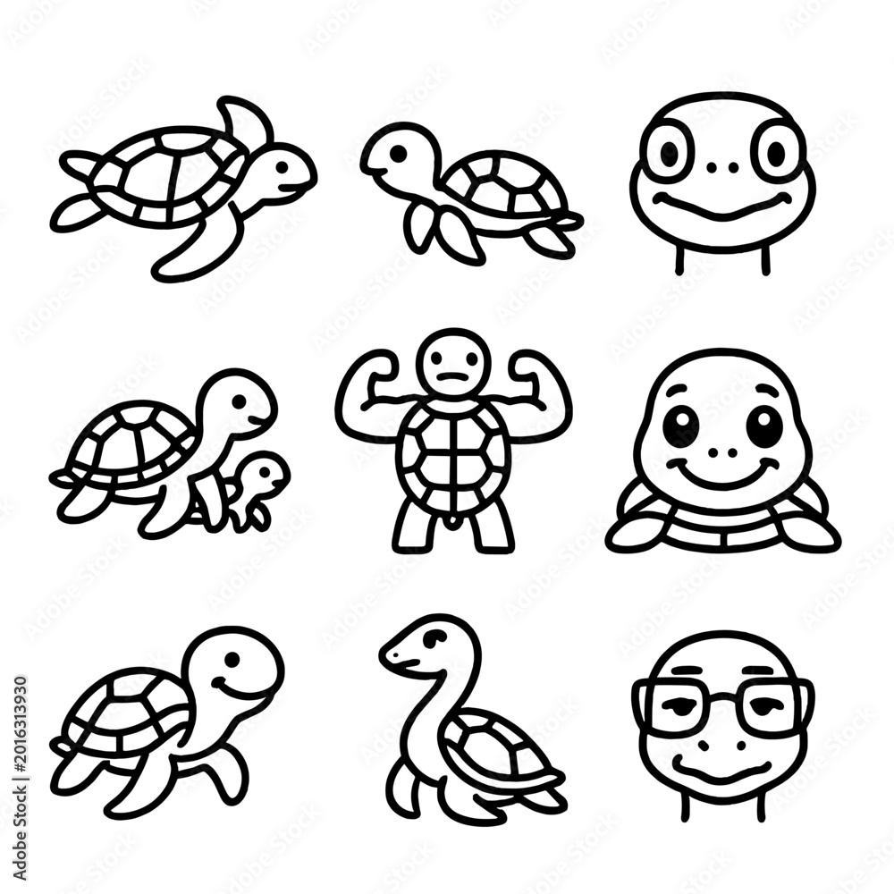 Fototapeta premium Cute cartoon turtles and funny expressions on dark background
