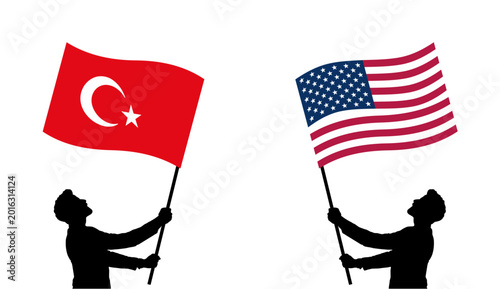 Photos Vector illustration of silhouetted figures holding Turkey and United States flag