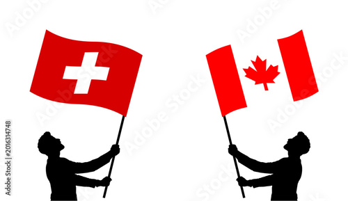 Foto Vector illustration of silhouetted figures holding Switzerland and Canada flags