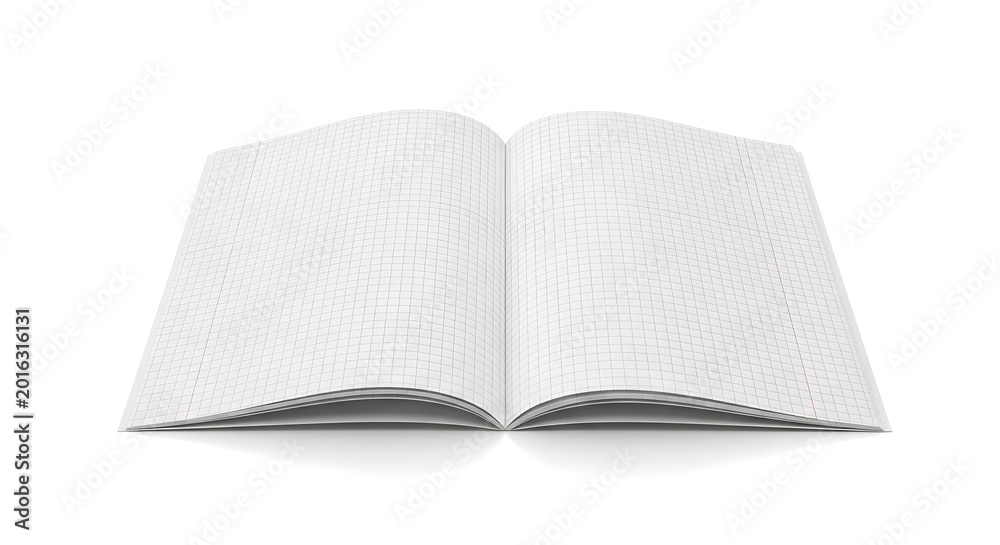 Fototapeta premium Open notebook with grid pattern pages, blank template for notes or calculations, isolated on white background