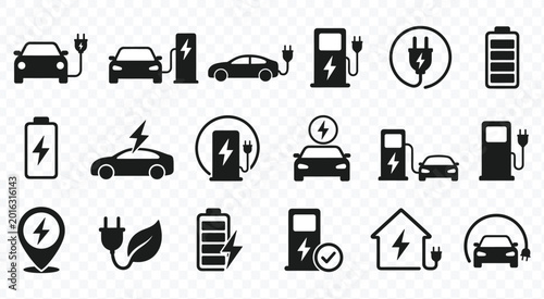 Electric vehicle charging icon set featuring minimalist car silhouettes and battery power symbols for sustainable transportation and renewable energy technology design