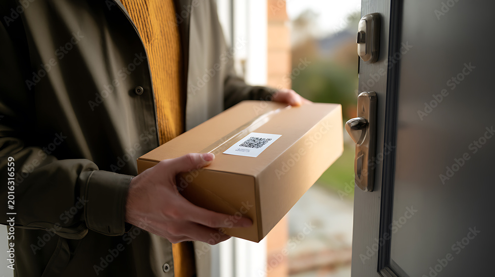 Naklejka premium A close-up view of hands hold a cardboard package with a label and QR code, delivered to an open door in a residential setting, parcel delivery