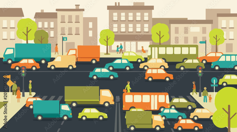 Naklejka premium Flat Design Illustration of Urban City Street Traffic Congestion