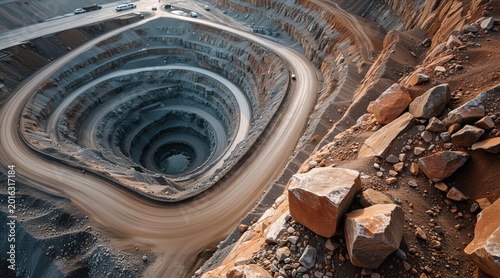Aerial view of open pit mine with winding road. Industrial extraction of mineral resources from earth. Large scale excavation project in canyon. Natural environment and mining site.