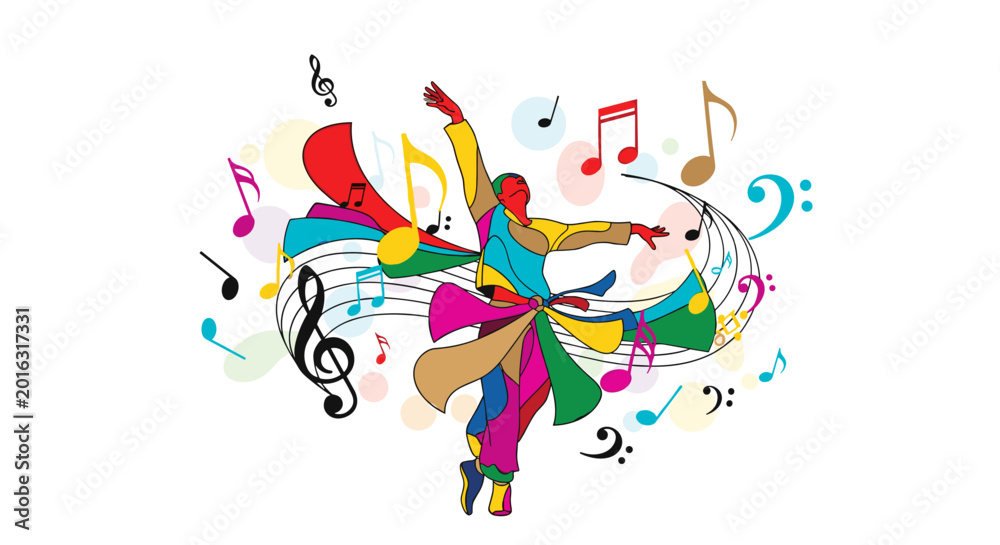 Obraz premium Vibrant illustration of a whirling dervish dancer, clad in colorful garments, gracefully moving amidst floating musical notes and swirling musical staff lines, creating a dynamic