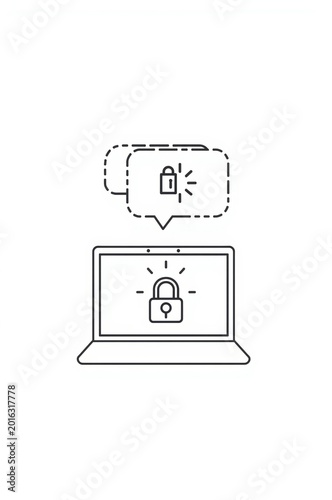 Laptop with lock icon and notification bubble security concept in linear style high quality