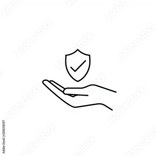 Hand holding shield with checkmark icon linear style on a white background high quality