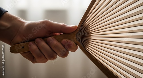 A Person Holding An Open Bamboo Folding Fan Against A Soft Blurred Background