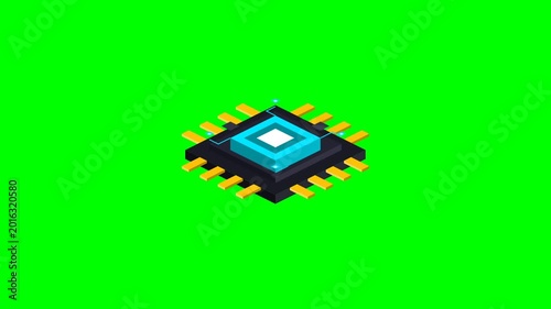 Isometric central processing unit chip glowing on green screen background