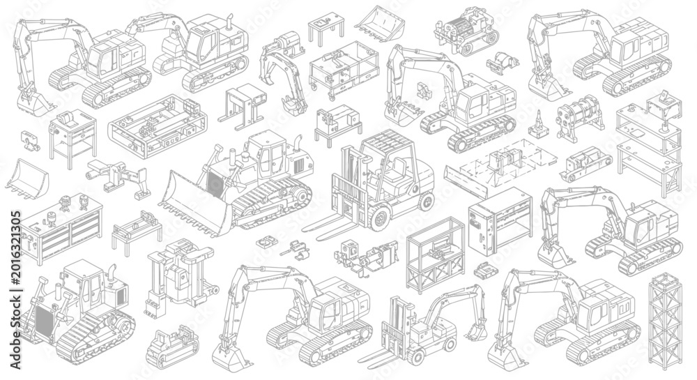 Obraz premium isometric line drawings of heavy equipment industrial machinery and workshop tools for engineering construction and manufacturing.