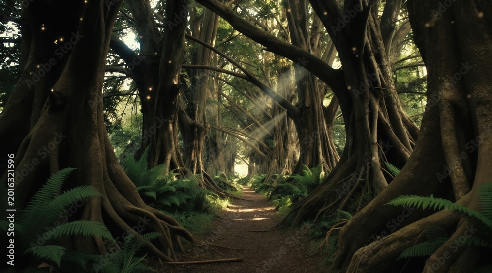 Fototapeta premium Ancient forest path between massive trees with aerial roots. Sunlight beams through canopy, illuminating floating dust motes. Lush ferns grow on forest floor.