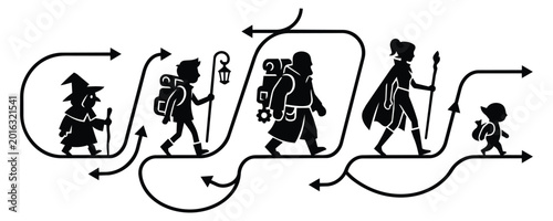 Adventure Team Journey Silhouette on Winding Path with Arrows