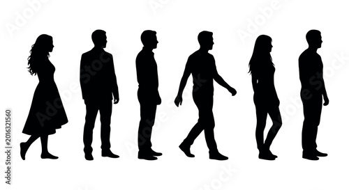 Silhouettes of people standing and walking isolated on white background