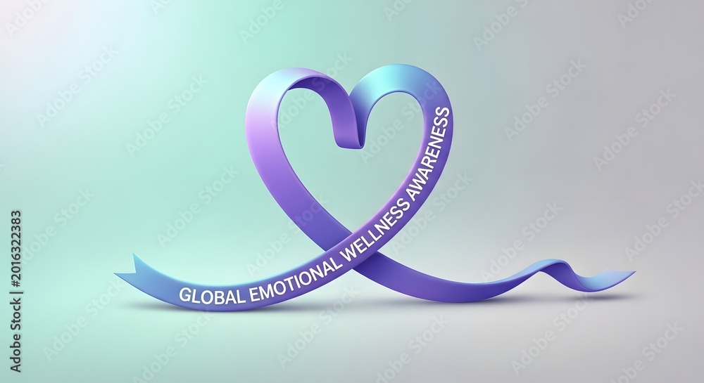 Fototapeta premium Emotional wellness awareness heart ribbon with global message on gradient background