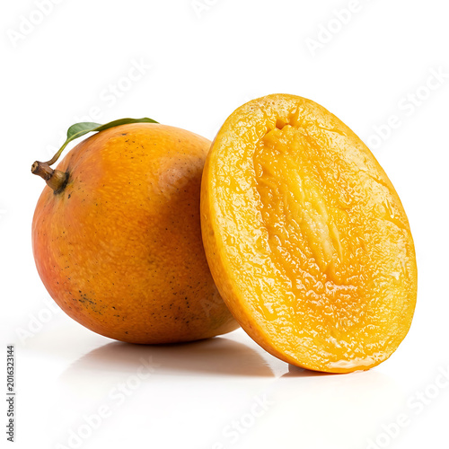 Fresh Ripe Mango with Sliced Half and Green Leaf on White Background