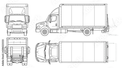 Box truck technical drawing blueprint with front side back and top views CAD line art vector illustration