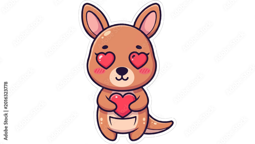 Obraz premium Cuddly Kangaroo’s Heartfelt Affection: An adorable kangaroo, radiating love with heart-shaped eyes, tenderly clutches a plush heart, embodying affection and compassion.