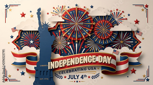 Independence Day Celebration Featuring USA Flag Elements and Statue of Liberty, July 4th Patriotic Illustration