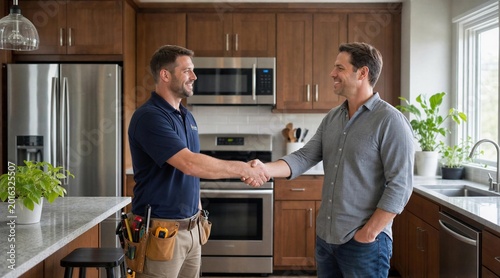 Technician Shaking Hands With Homeowner In Modern Kitchen For Home Service Concepts