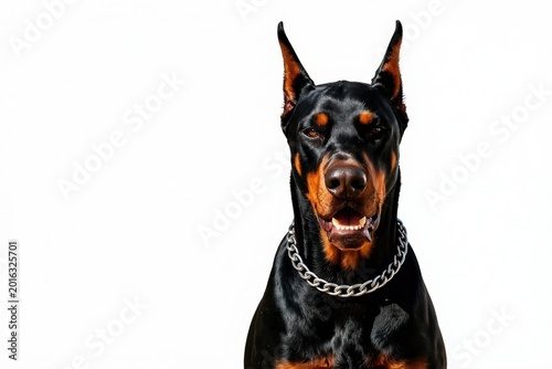 Serious doberman dog with pointy ears and metal collar looks directly. Black and tan purebred canine has open mouth showing teeth. Studio shot on white background.