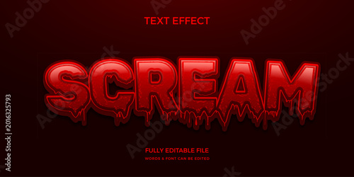 Schilderij op canvas Dripping Blood Horror Scream Text Effect in Dark Red Glowing Style on Black Back
