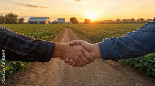 Two Farmers Shaking Hands On Dirt Road At Sunset With Farm Fields And Barns In Background For Agriculture Partnership Concepts