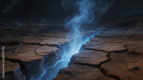 Cracked ground with glowing blue smoke for creative digital media and visual arts