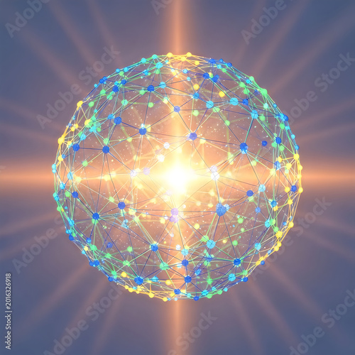 Glowing polygonal sphere network with connected dots and light burst abstract